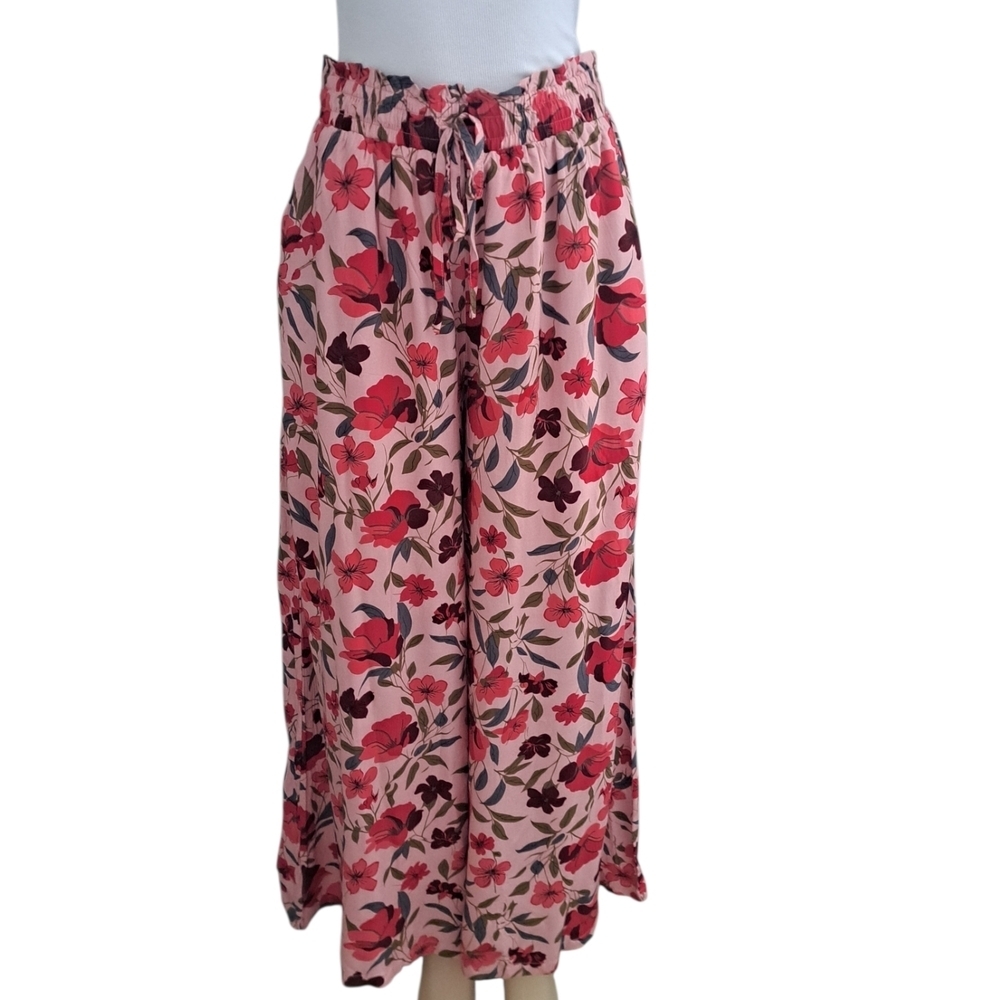 Dokotoo Pink Floral Wide Leg Pants Elastic Drawstring Waist Size L NWT